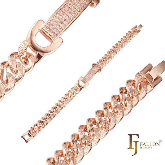 Pulseras ID de eslabones cubanos para hombre chapadas en Oro 14K, colores oro rosa.