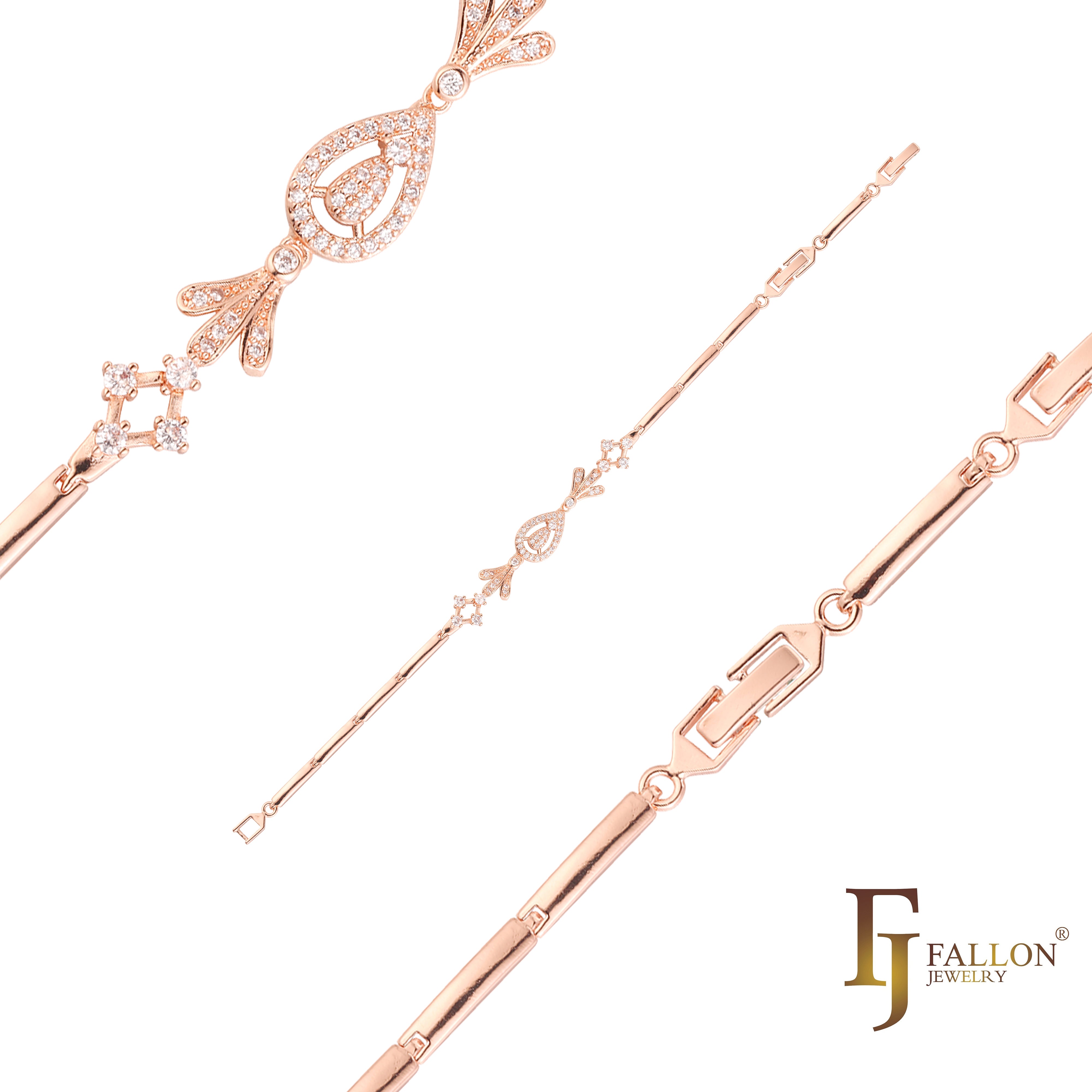 Pulseras de eslabones de barra de lujo chapados en oro rosa.