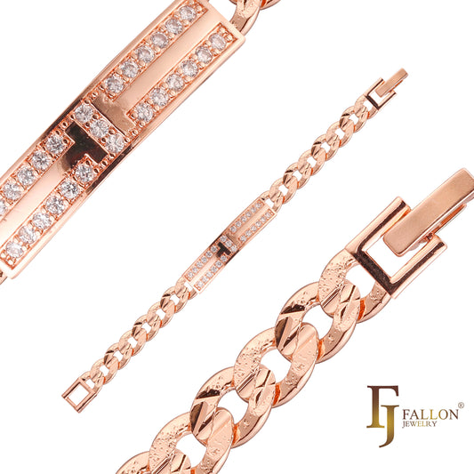Pulseras de identificación para hombre con eslabones cubanos de Miami chapados en Oro 14K, colores oro rosa.