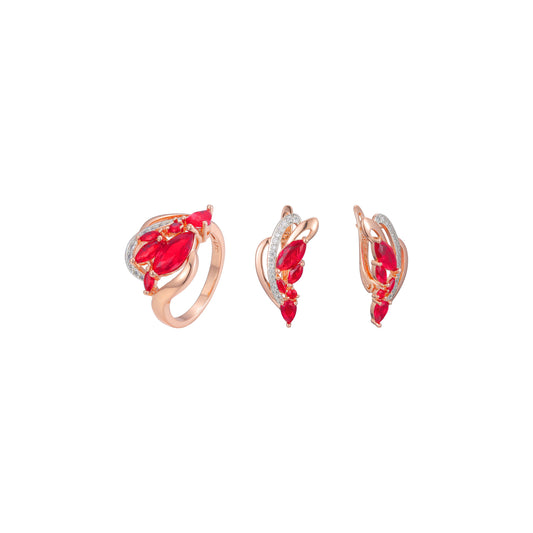 Conjunto de racimo de piedra roja de dos tonos de oro rosa