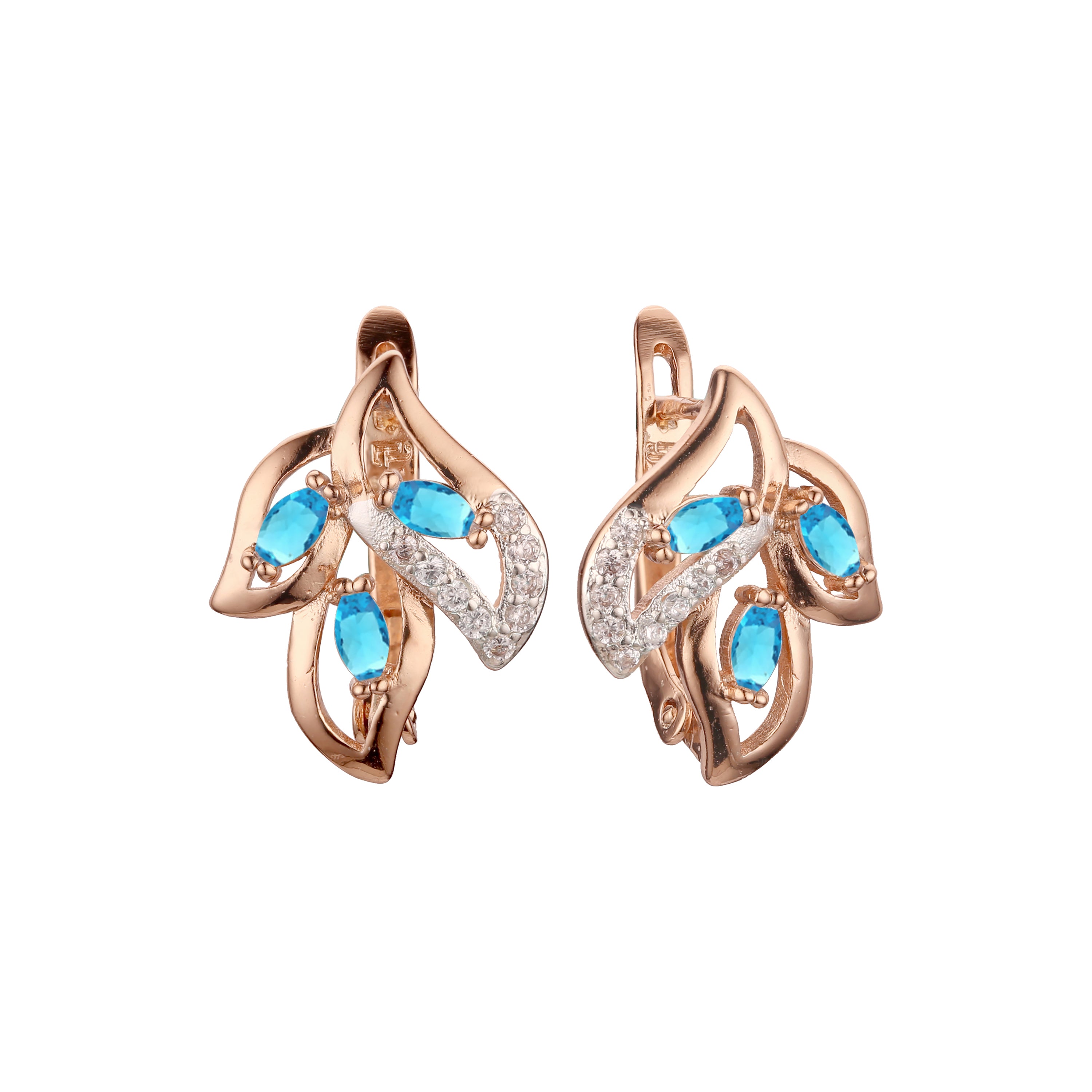 Aretes de circonitas coloridas en racimo de tres hojas en Oro 14K, oro rosa, dos tonos de colores