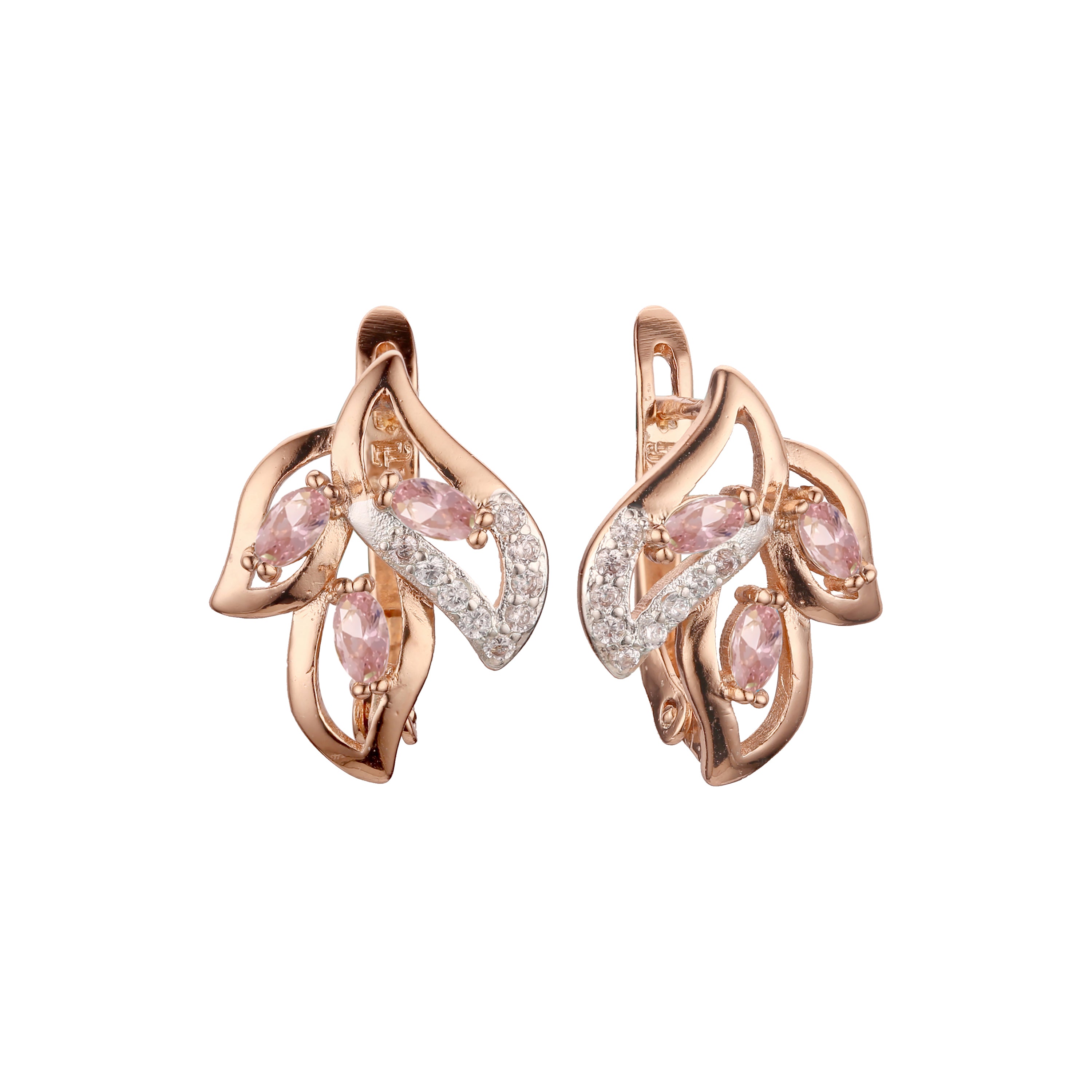 Aretes de circonitas coloridas en racimo de tres hojas en Oro 14K, oro rosa, dos tonos de colores