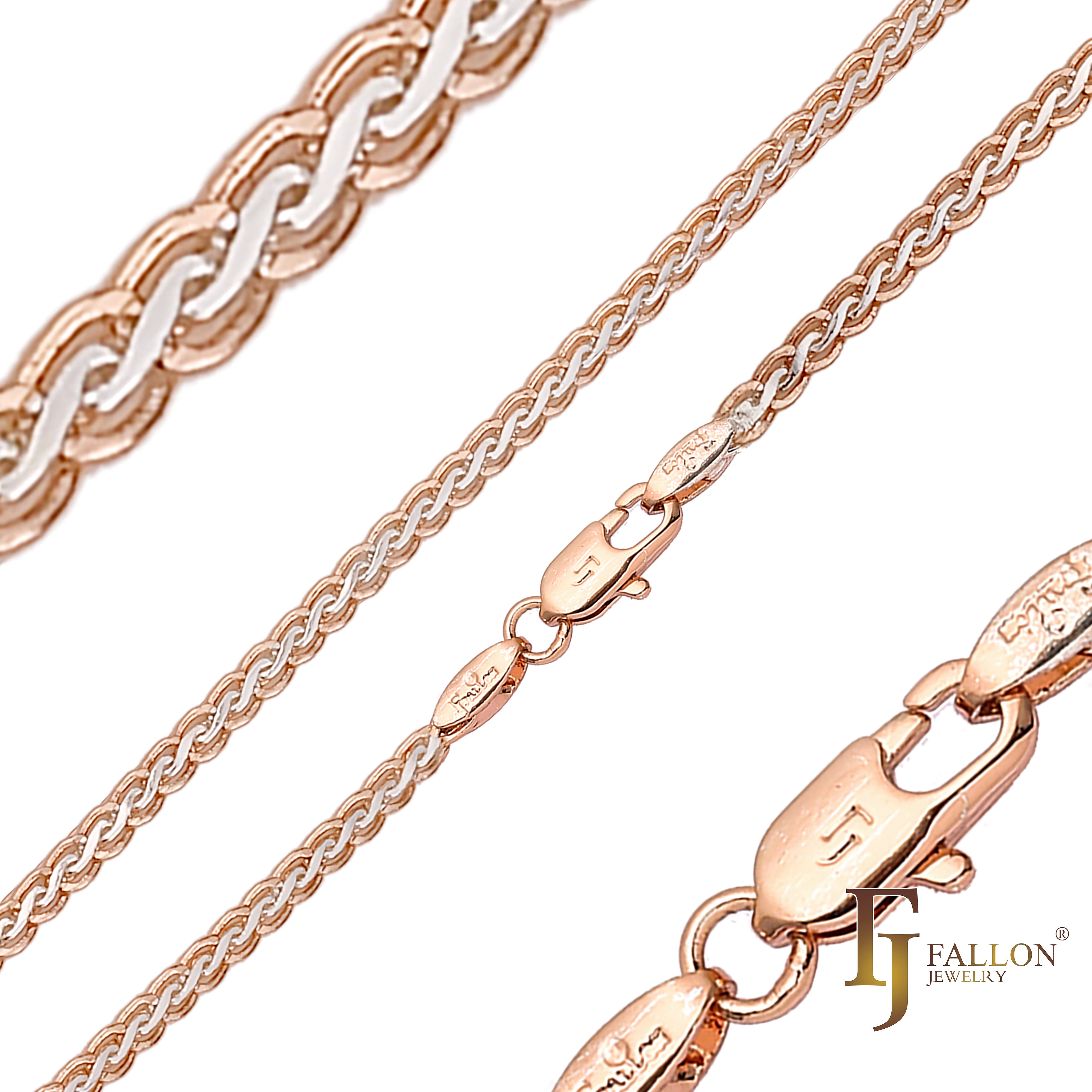 Spiga wheat glossy chains plated in White Gold, 14K Gold, Rose Gold, two tone