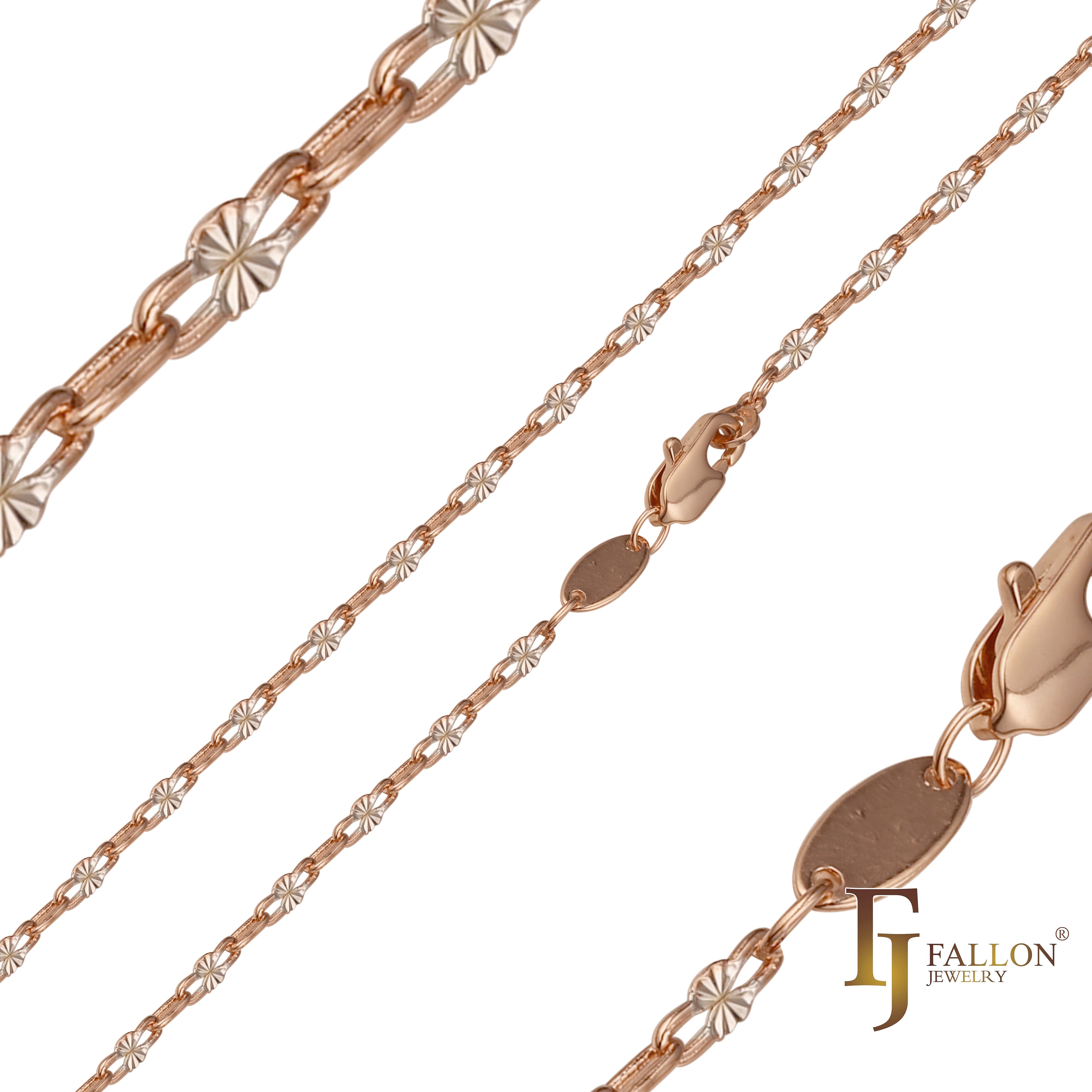 Sunburst Sequin chains plated in 14K Gold, Rose Gold, two tone