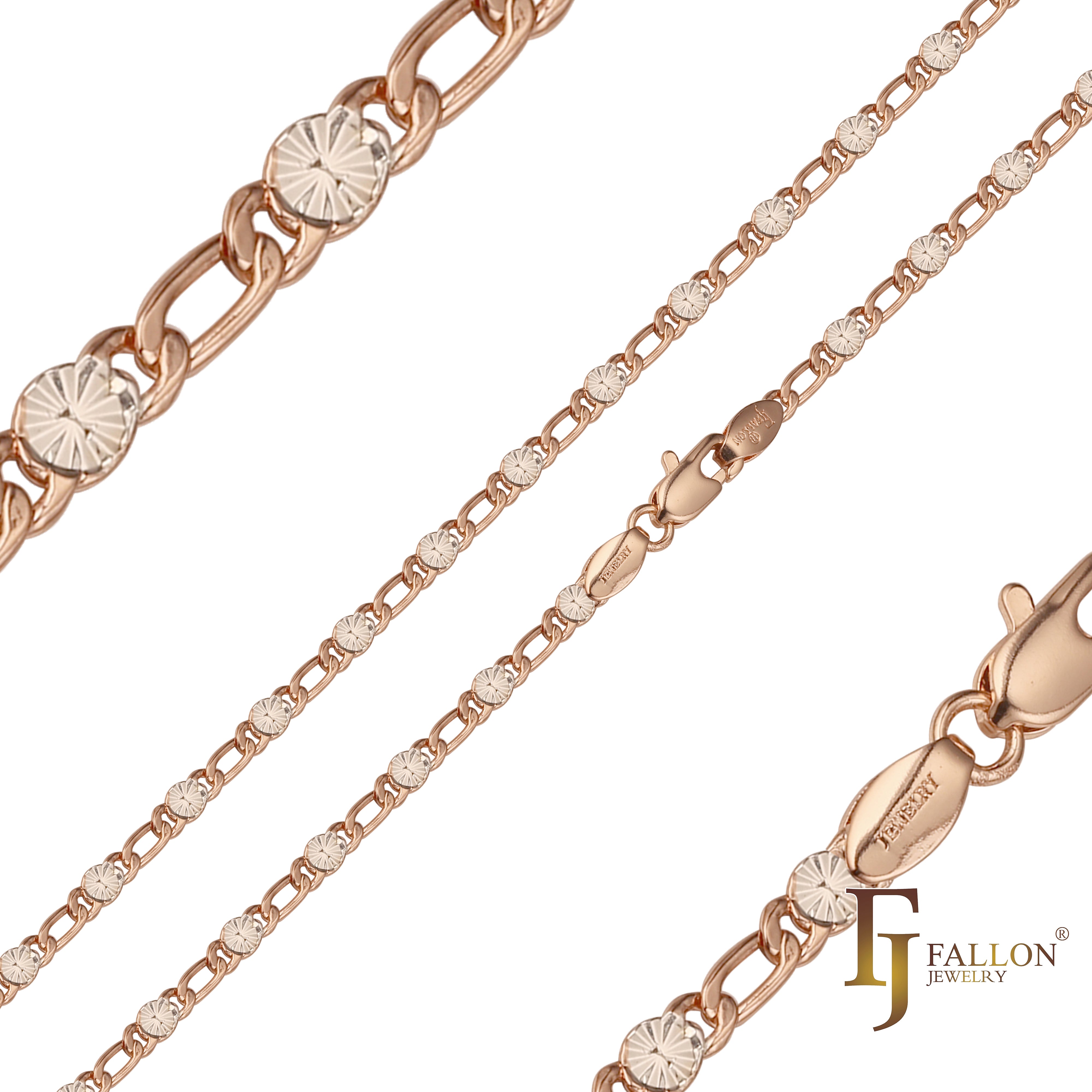 Figaro Fancy link sunburst hammered chains plated in 14K Gold, Rose Gold, two tone