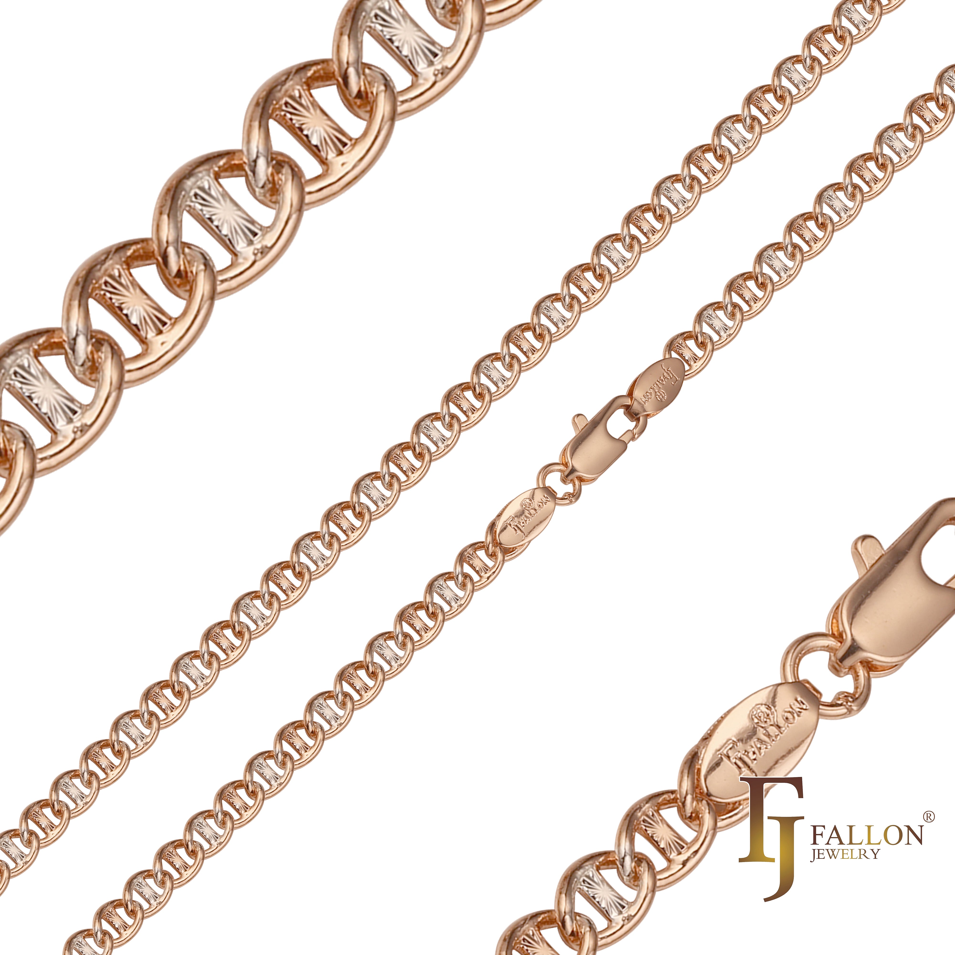 Mariner star hammered cable link chains plated in 14K Gold, Rose Gold, two tone