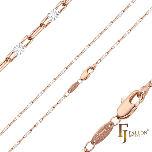 Sunburst Sequin chains plated in 14K Gold, Rose Gold, two tone