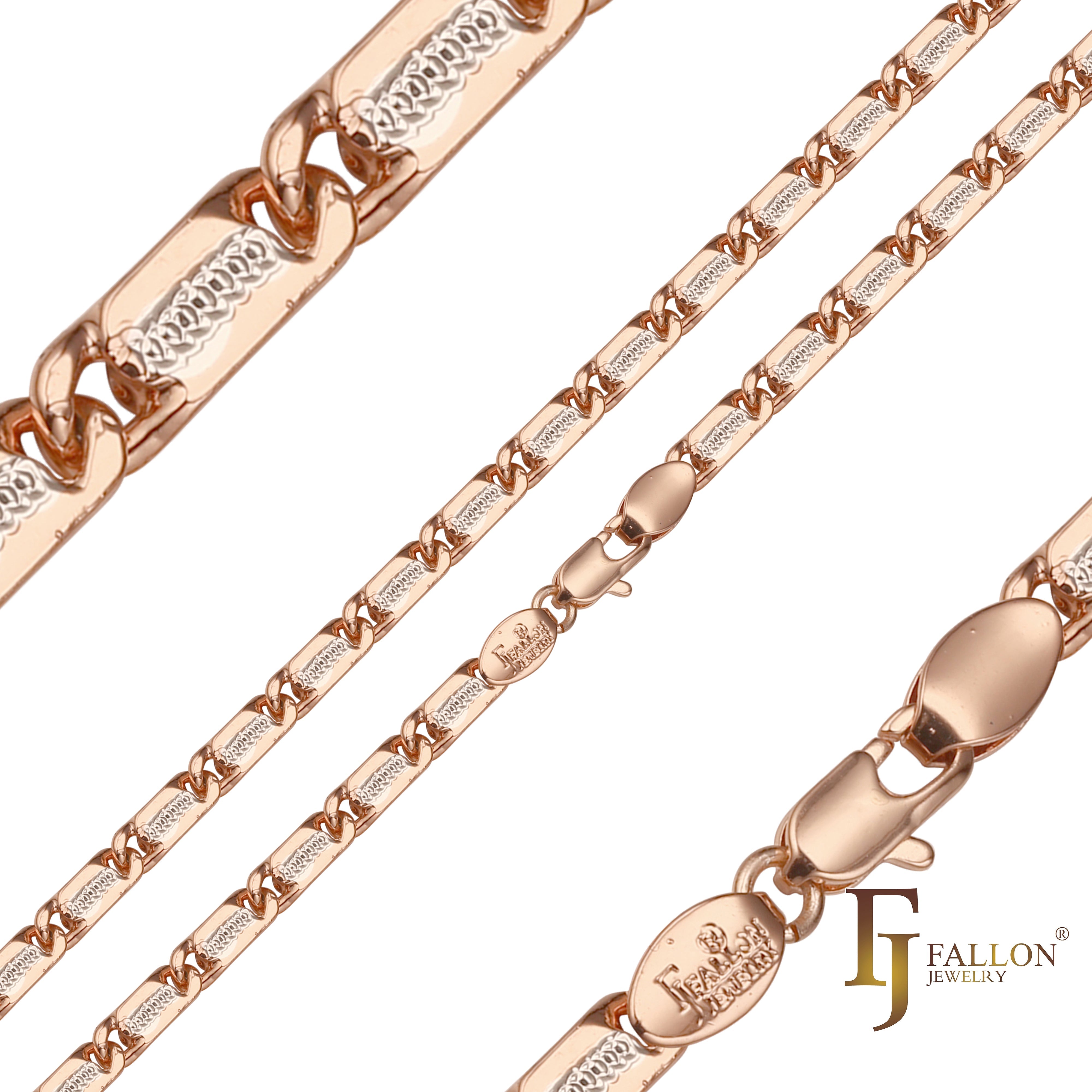 Solid rounded snail link center ripple hammered chains plated in Rose Gold, 14K Gold two tone