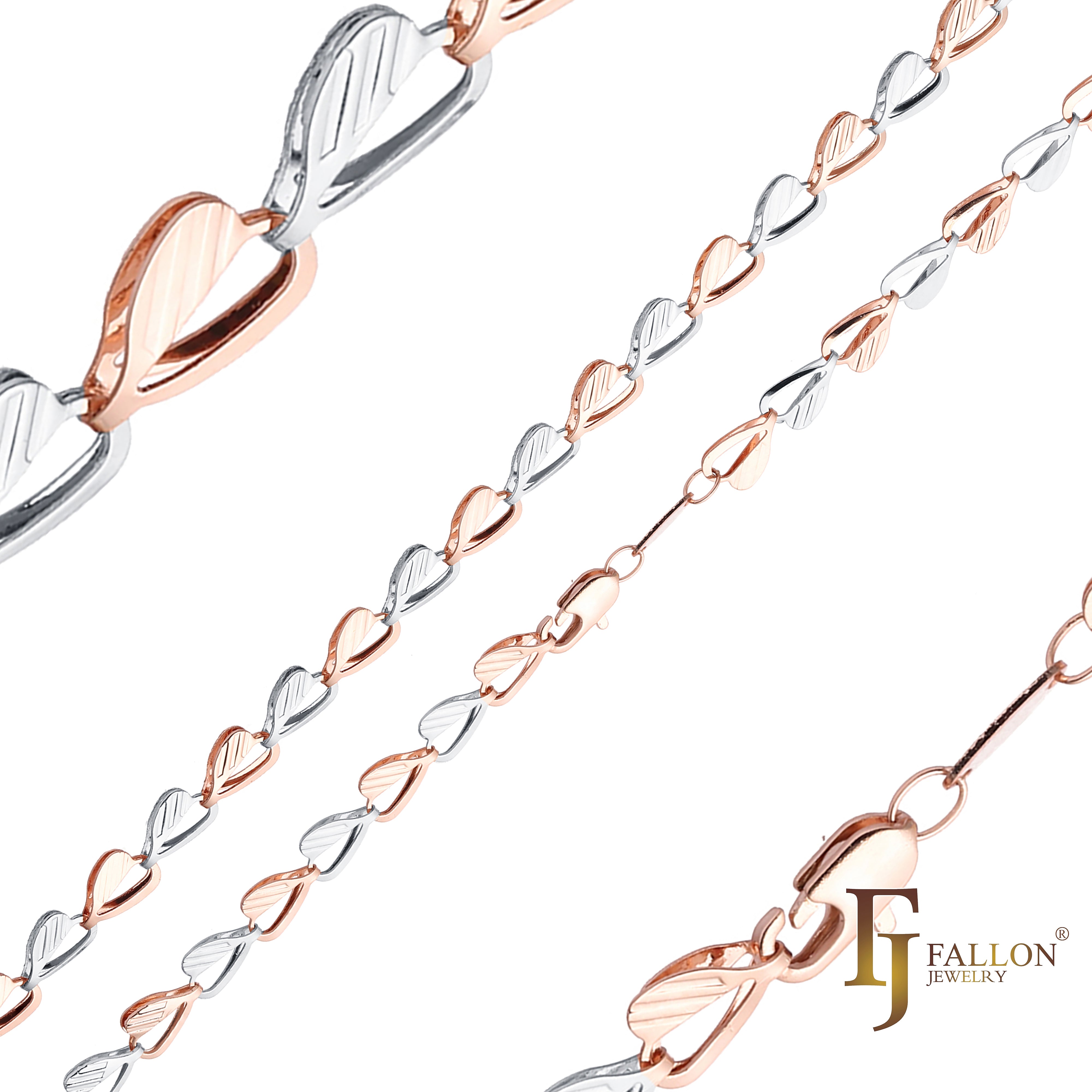 Cadenas de acero con eslabones elegantes de corazón y hojas chapadas en oro blanco, oro de 14 quilates, oro rosa, dos tonos