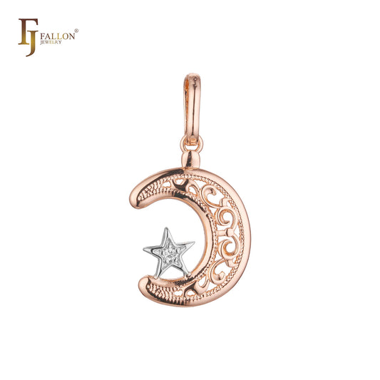 Подвеска из исламского розового золота со звездой и полумесяцем, двухцветное золото 14 карат, белое золото