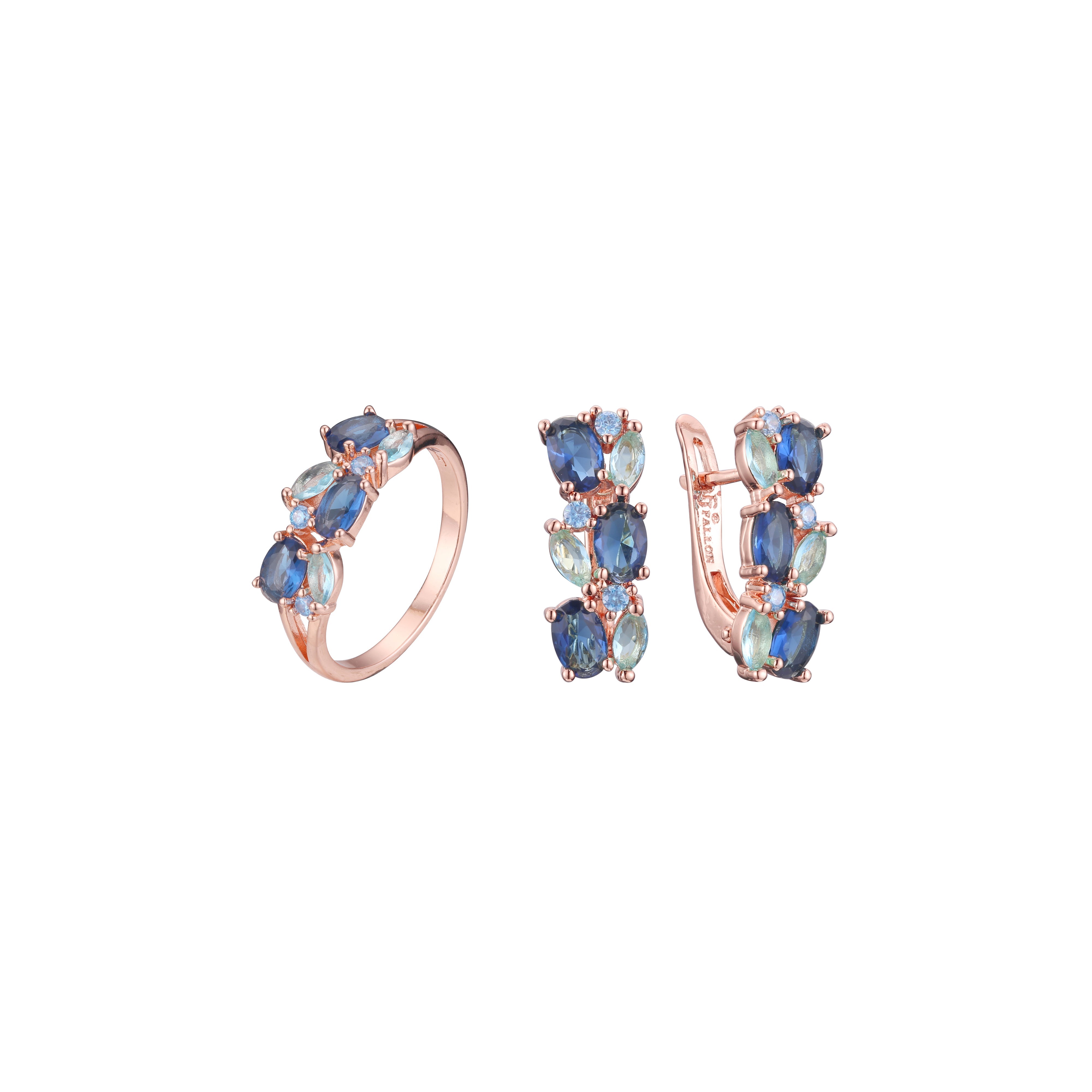 Conjunto de joyas de anillos de racimo de océano azul mixto de oro rosa