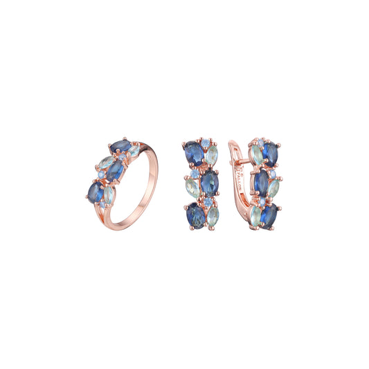 Conjunto de joyas de anillos de racimo de océano azul mixto de oro rosa