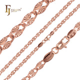 Cadenas de eslabones de lujo en oro de 14 quilates, oro rosa y oro blanco con clip ovalado con diseño de rayos de sol martillados.