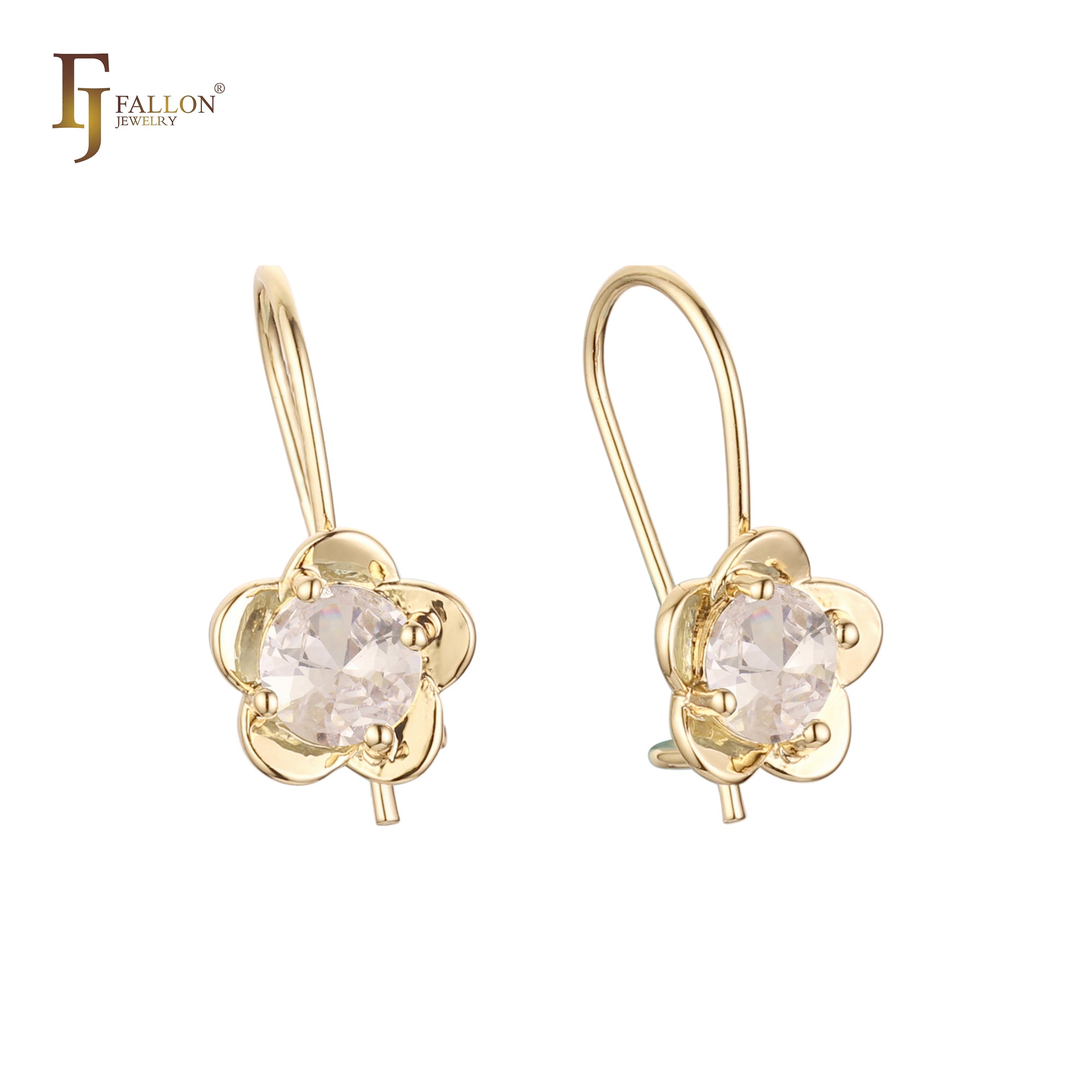 Pendientes de oro rosa de dos tonos con solitario de circonita cúbica redonda y gancho de alambre