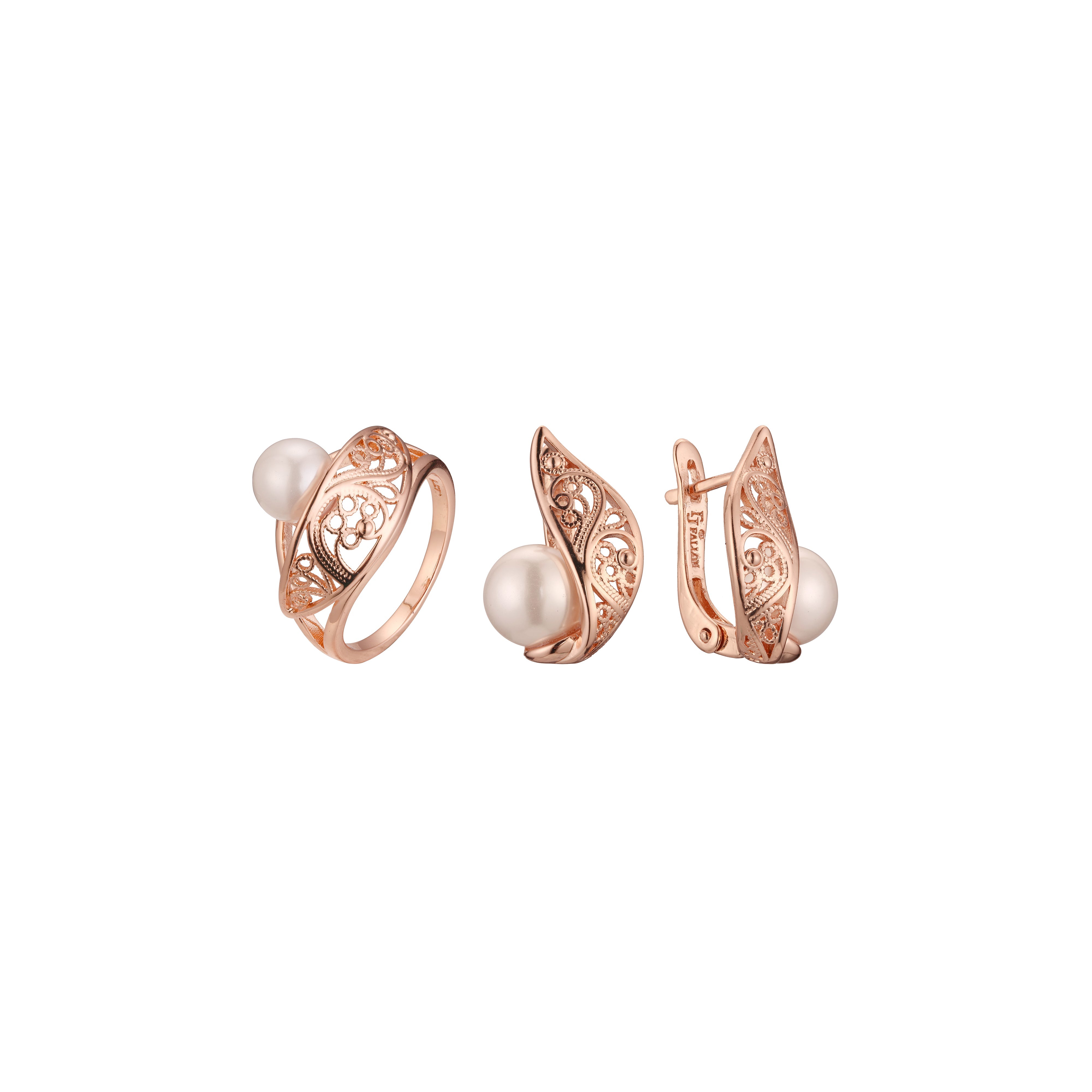 Conjunto de filigrana renacentista de perlas de oro rosa