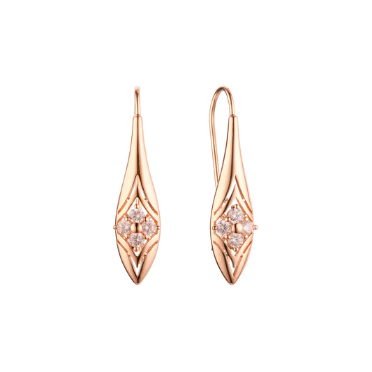 Pendientes largos de gancho de alambre en oro rosa con circonitas blancas en solitario
