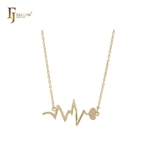 Collar de oro de 14 quilates con circonitas blancas pavimentadas con latidos del corazón