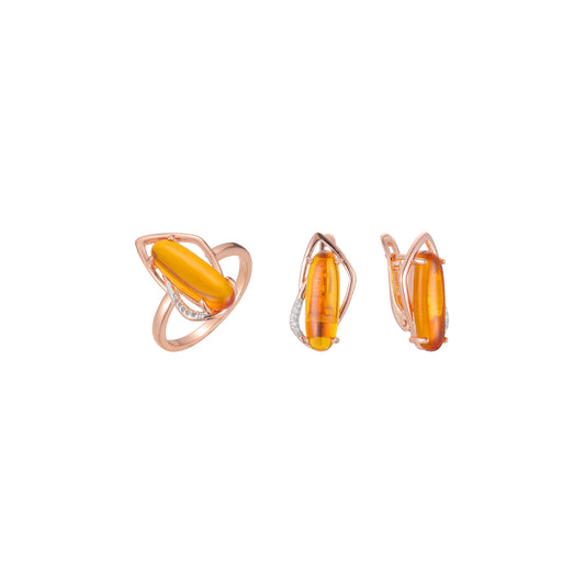 Juego de solitario de piedra naranja grande de dos tonos de oro rosa