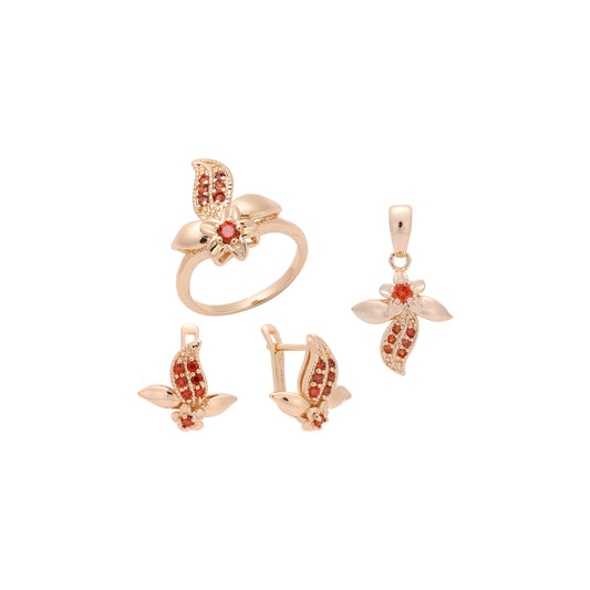 Conjunto de flores y hojas rojas de oro rosa
