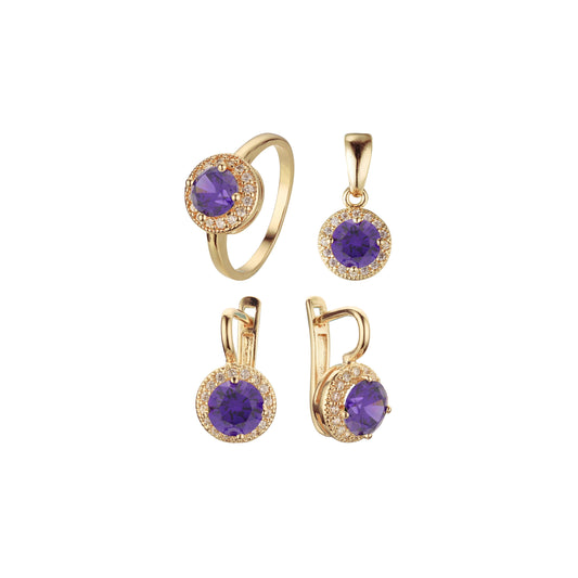 Conjunto de joyería con anillos y colgante chapados en oro de 14 quilates con halo de circonita cúbica de gran tamaño y forma redonda y colorida.