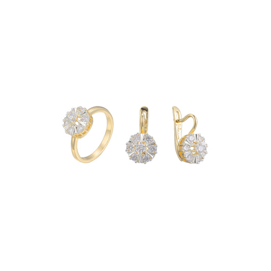 Juego de racimo de flores de siete piedras en dos tonos de Oro 14K