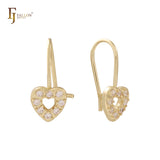 Pendientes de oro de 14 quilates, oro rosa y oro blanco con circonitas blancas en forma de corazón y gancho de alambre.