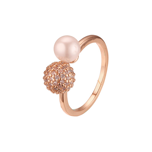 Pérola da moda com uma bola de ouro rosa cz branco, anéis de ouro 14K