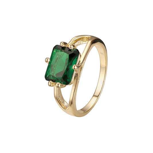 Anillos solitario diseño liso piedra talla esmeralda en colores baño Oro 18K, Oro 14K, Oro Rosa