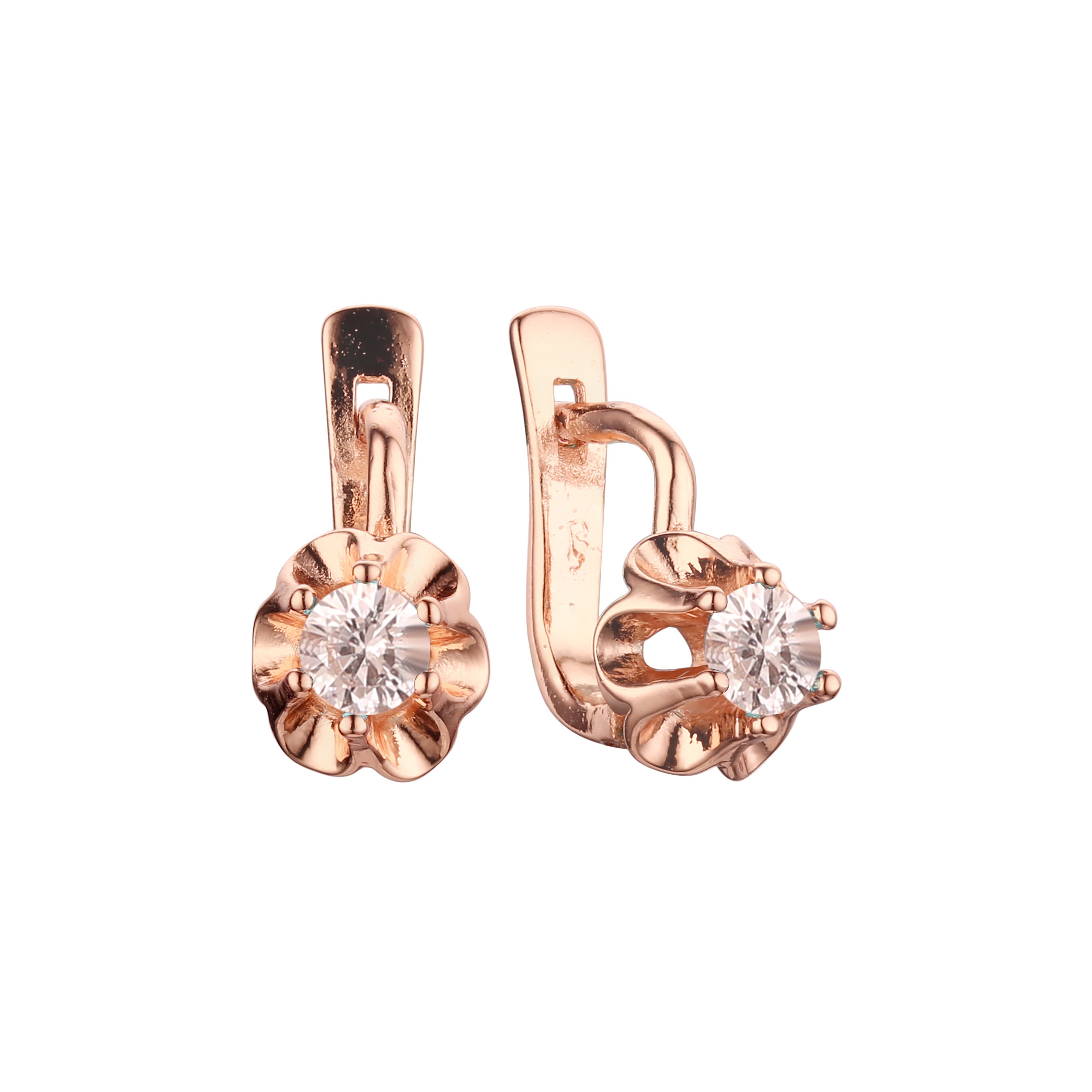 Pendientes de oro rosa de 14 quilates con solitario de circonita cúbica y flor recortada