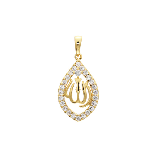 Allah-Zeichen, gepflasterter weißer Zirkonia-Heiligenschein, Roségold, islamischer Anhänger aus 14 Karat Gold