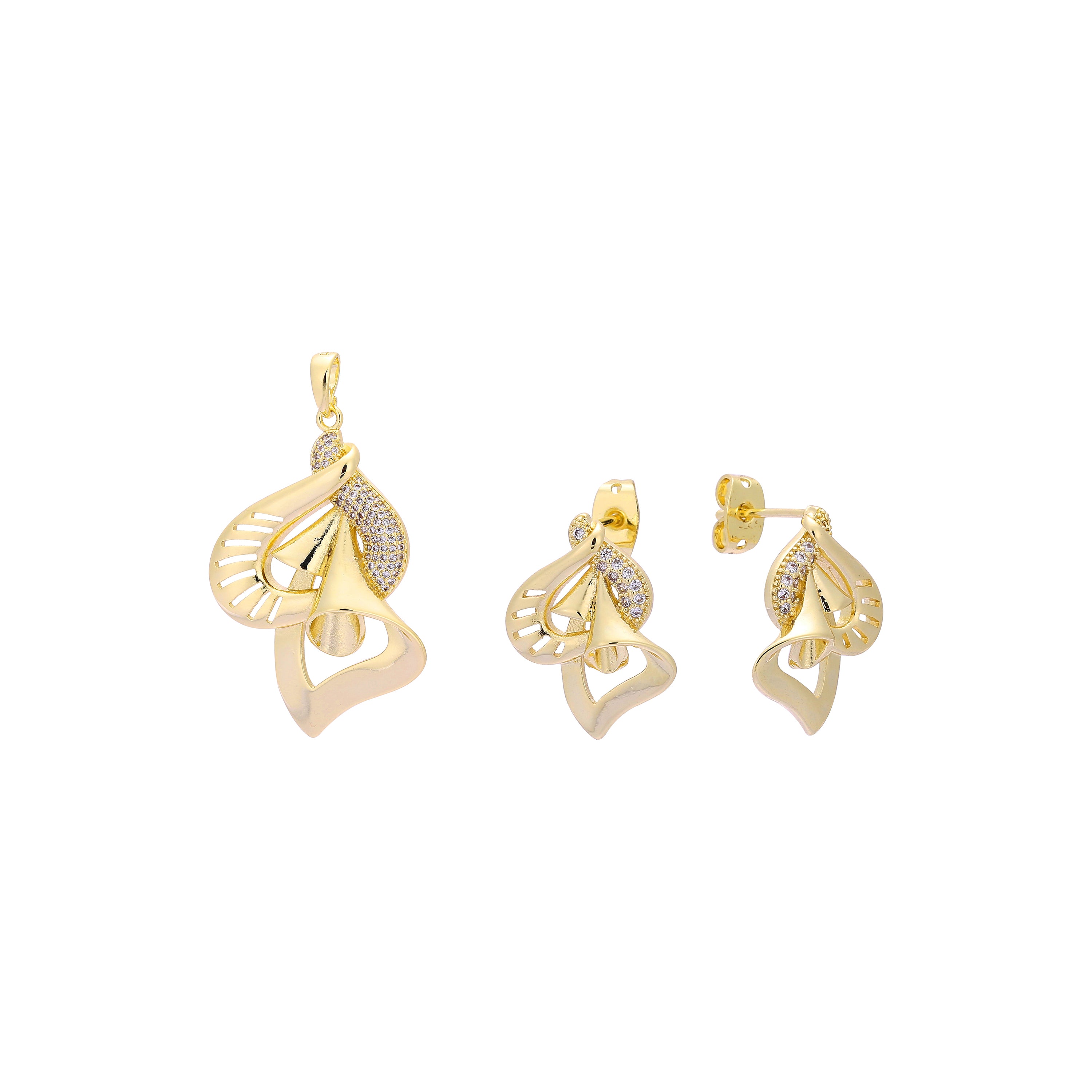 Juego de joyas con colgante de Oro 14K pavimentado con campanas de cinta