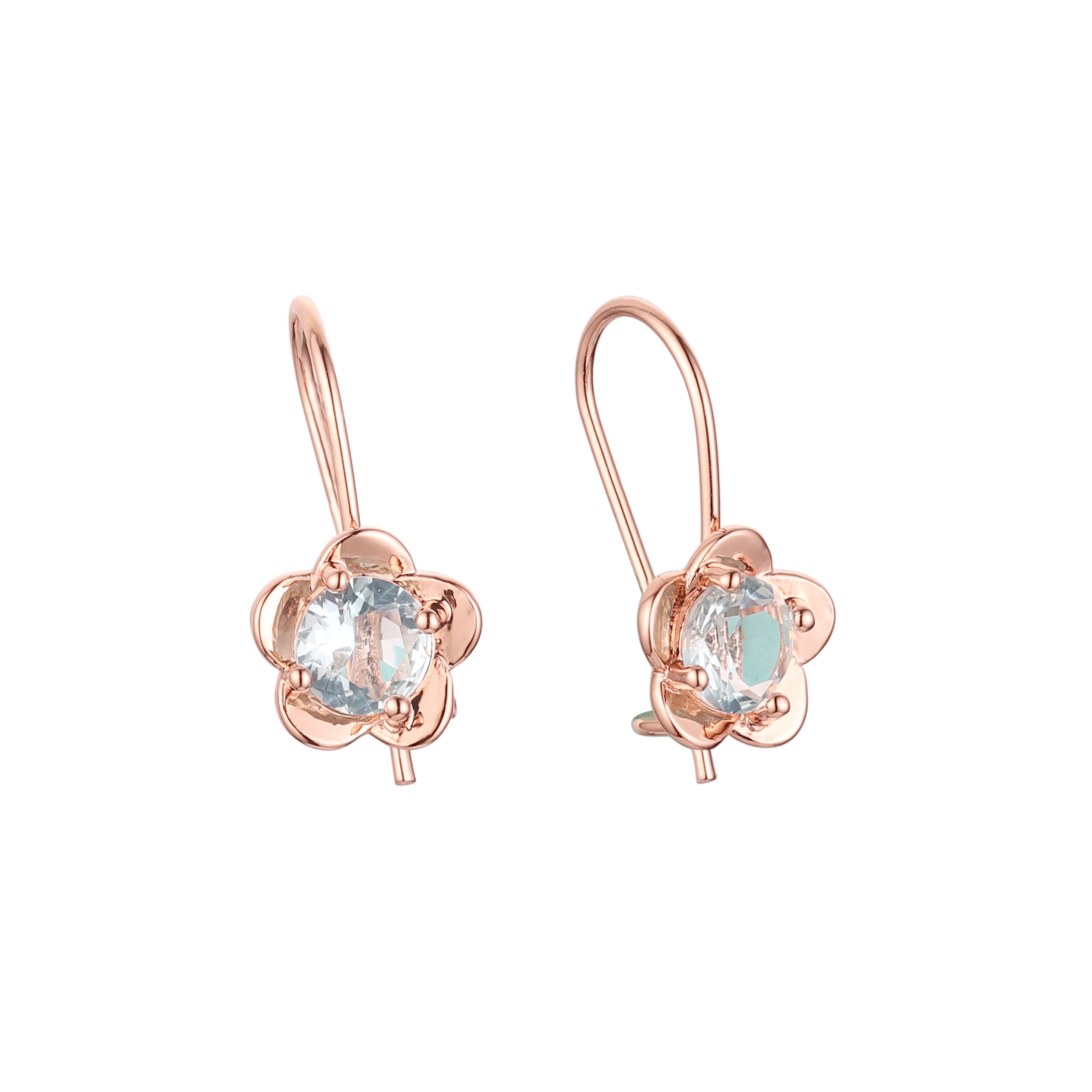 Pendientes de oro rosa de dos tonos con solitario de circonita cúbica redonda y gancho de alambre