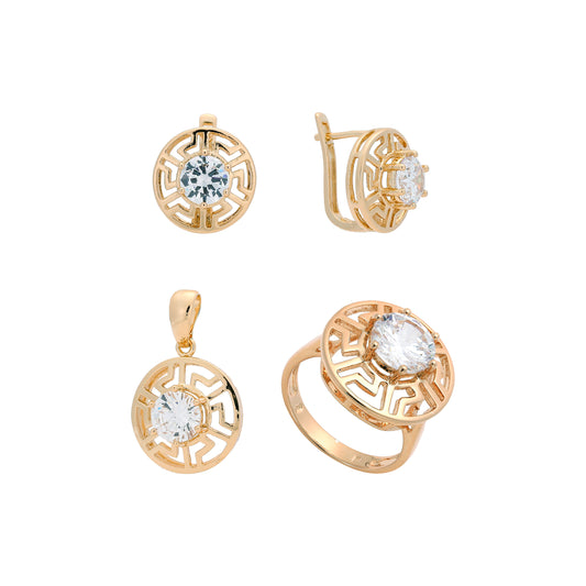 Juego de joyas de oro rosa con colgante y anillos de circonita cúbica blanca con solitario de llave griega