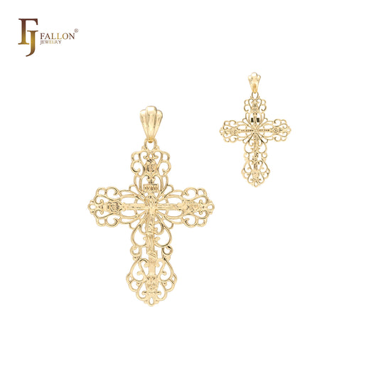 Crucifijo de cruz rusa ortodoxa con textura de filigrana de oro de 14 quilates, oro rosa, colgante de cruz de oro blanco