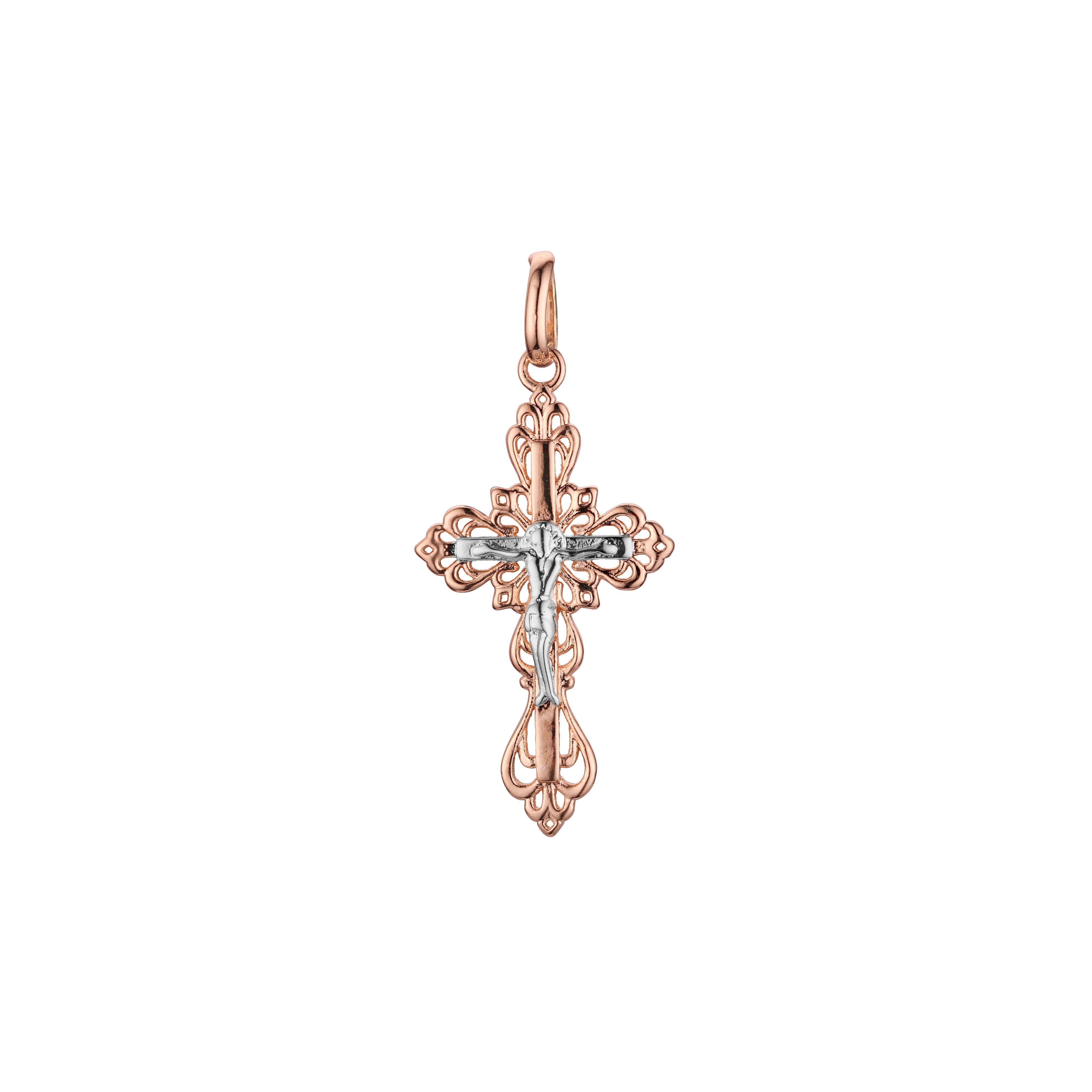 Eastern Orthodox Russian budded pendant in 14K Gold, Rose Gold two tone & White Gold plating colors