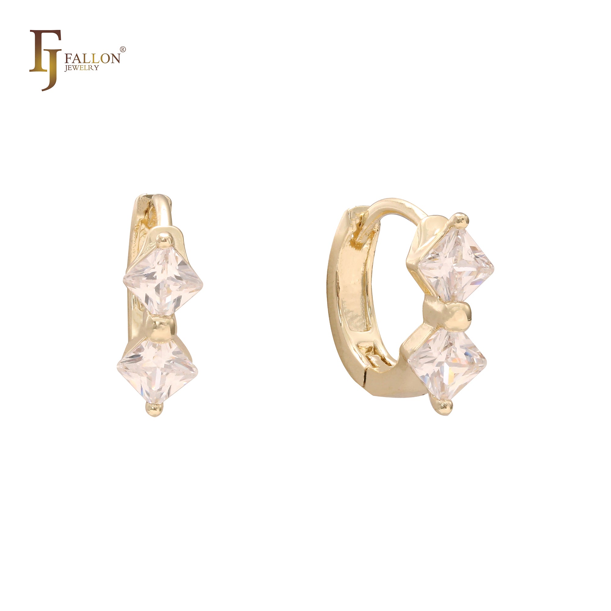 Pendientes Huggie de oro de 14 quilates y oro de 18 quilates con circonitas blancas y doble rombo.
