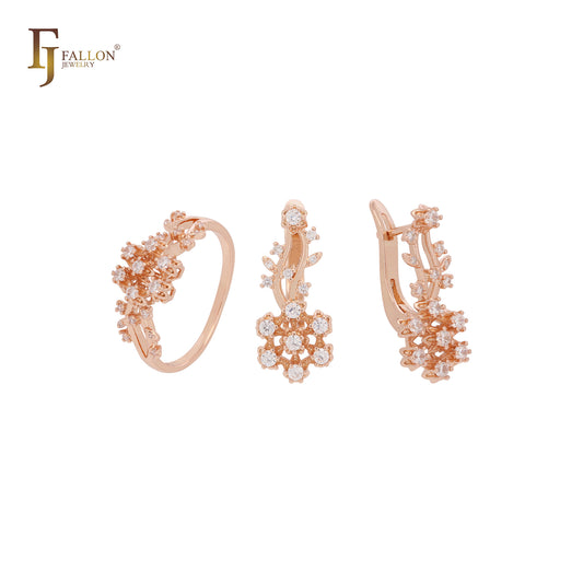 Conjunto de joyas de oro rosa con circonitas blancas y anillos en forma de rama en racimo