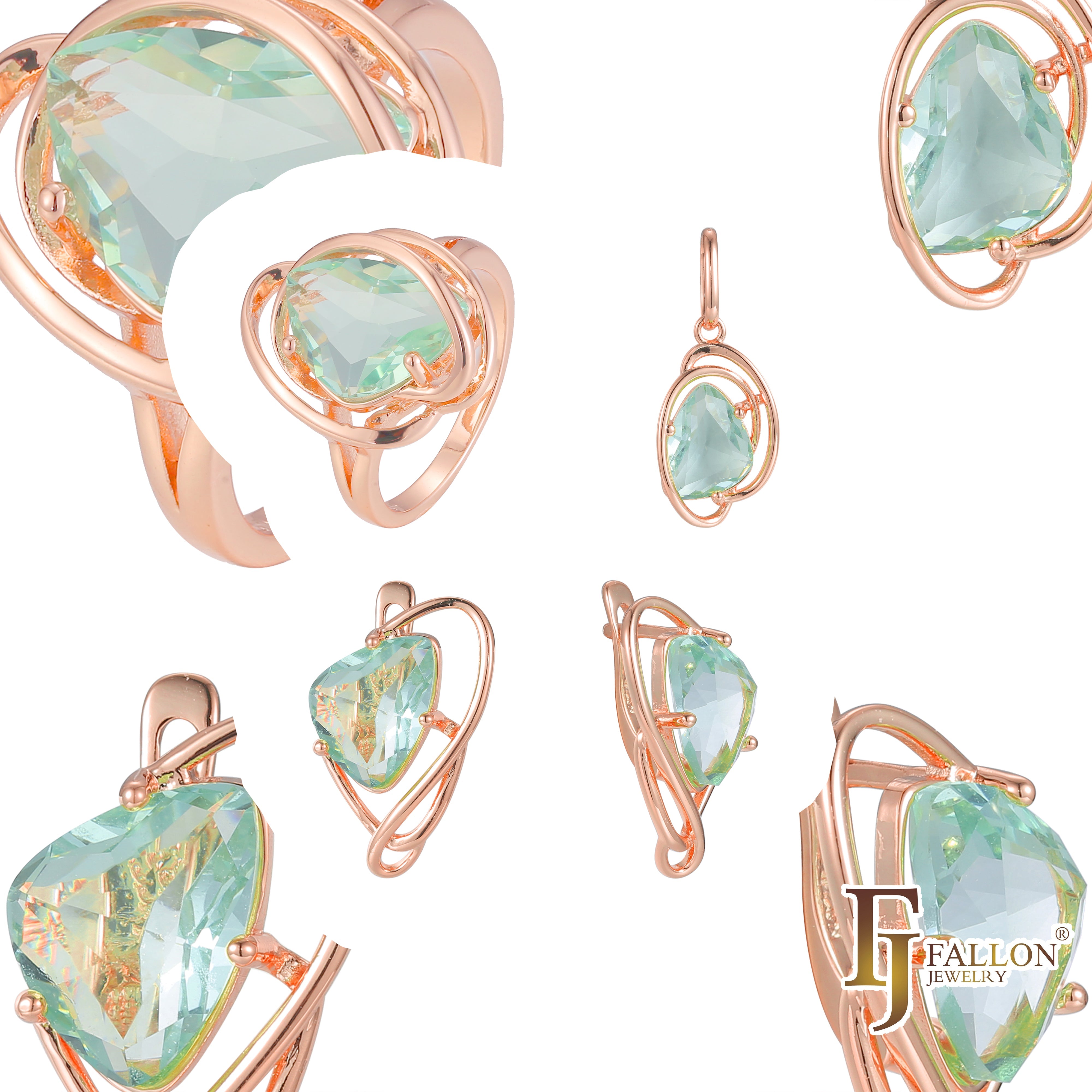 .Rose Gold gran piedra verde manzana juego solitario abrazado por cable