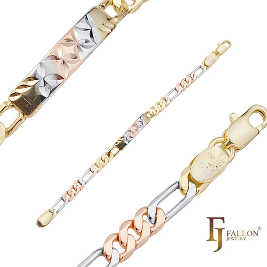 Figaro link Ouro 14K, dois tons, três tons Pulseiras masculinas Clover ID