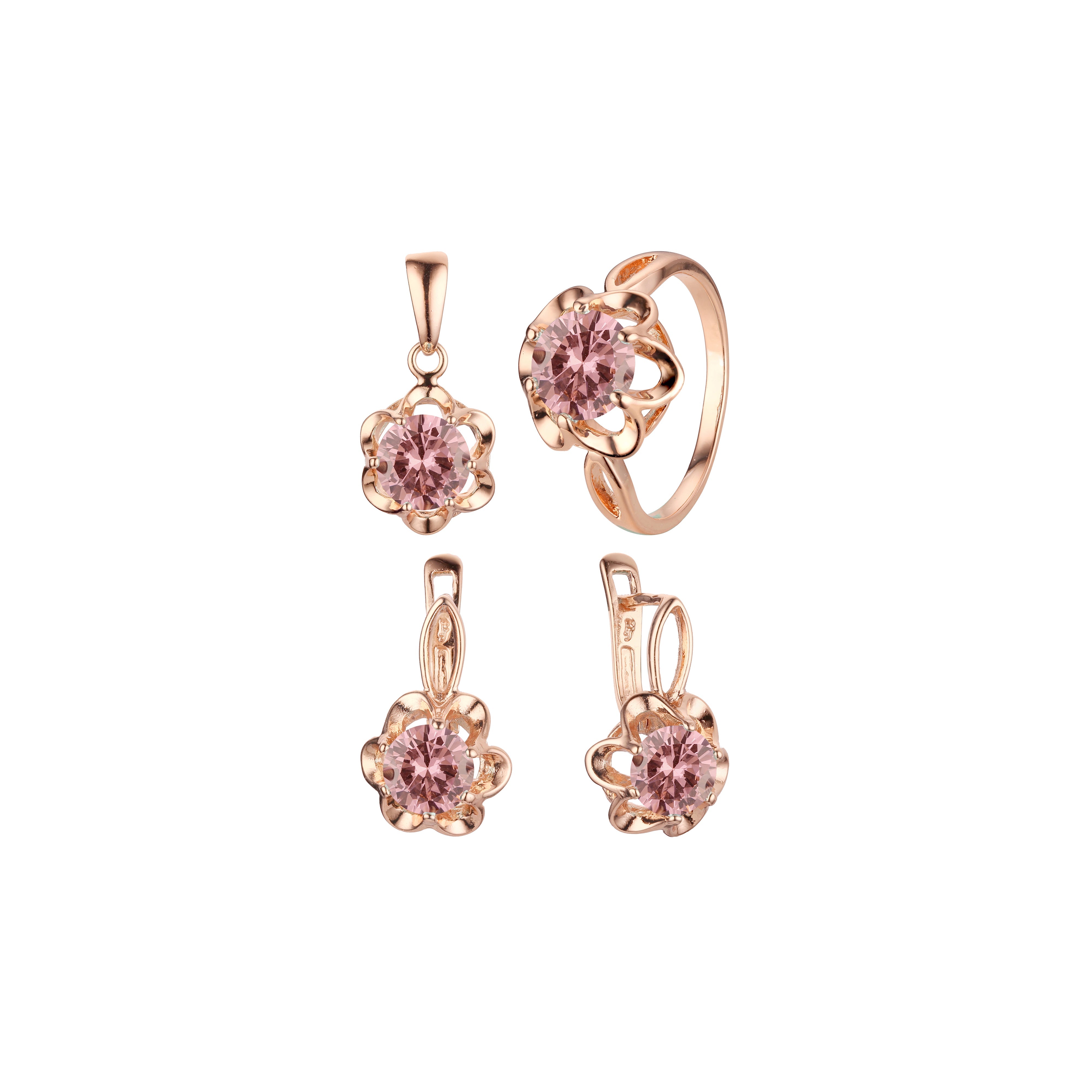 Solitario flor grande juego de anillos y colgante de bisutería chapado en oro rosa
