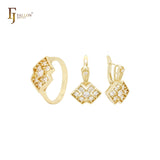 二重菱形ホワイト CZ クラスター 14K ゴールド ジュエリー セット リング付き