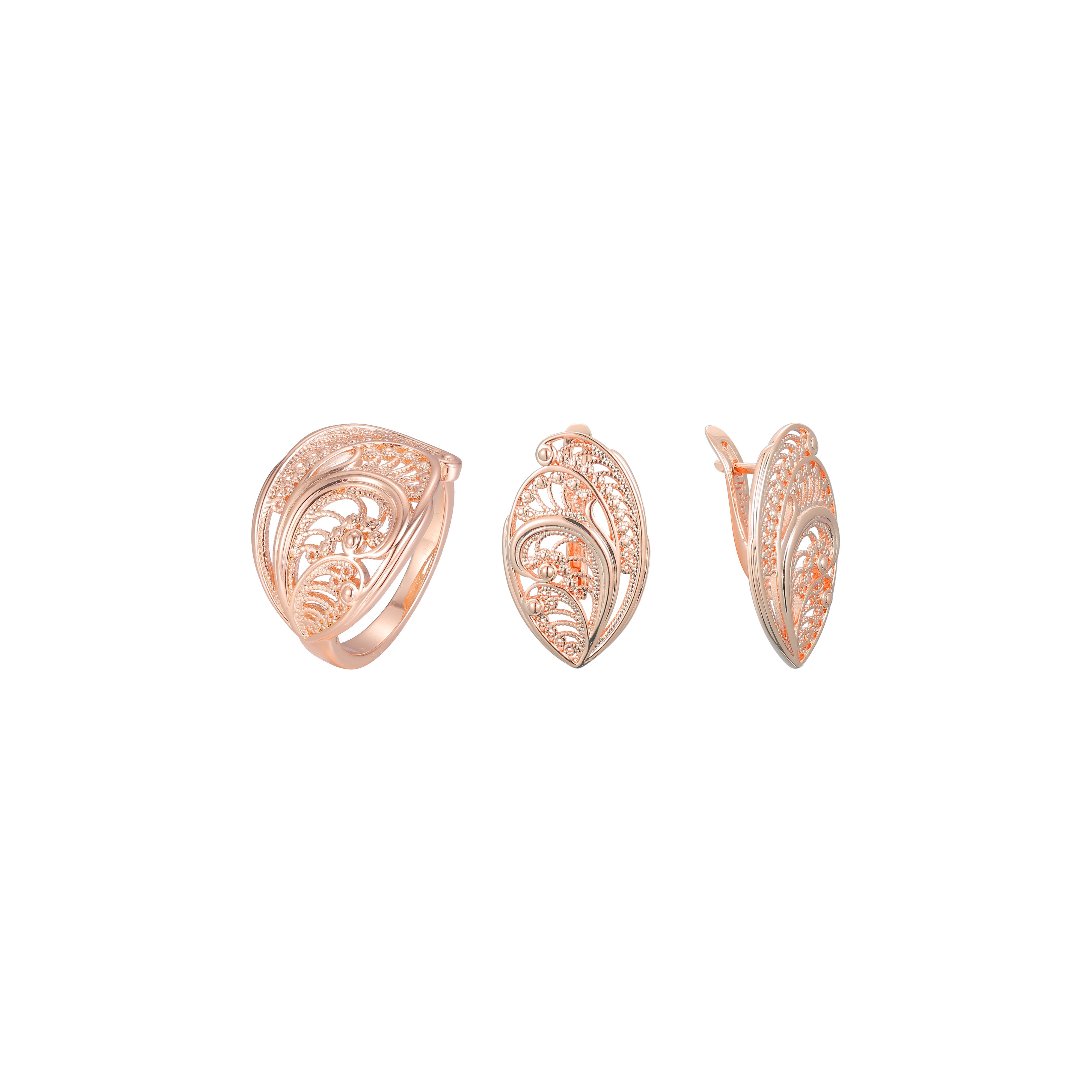 Conjunto de joyas de anillos de filigrana renacentistas chapados en oro rosa