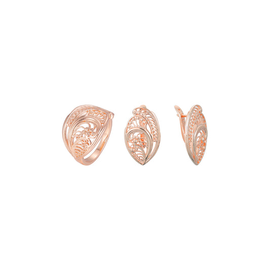 Conjunto de joyas de anillos de filigrana renacentistas chapados en oro rosa