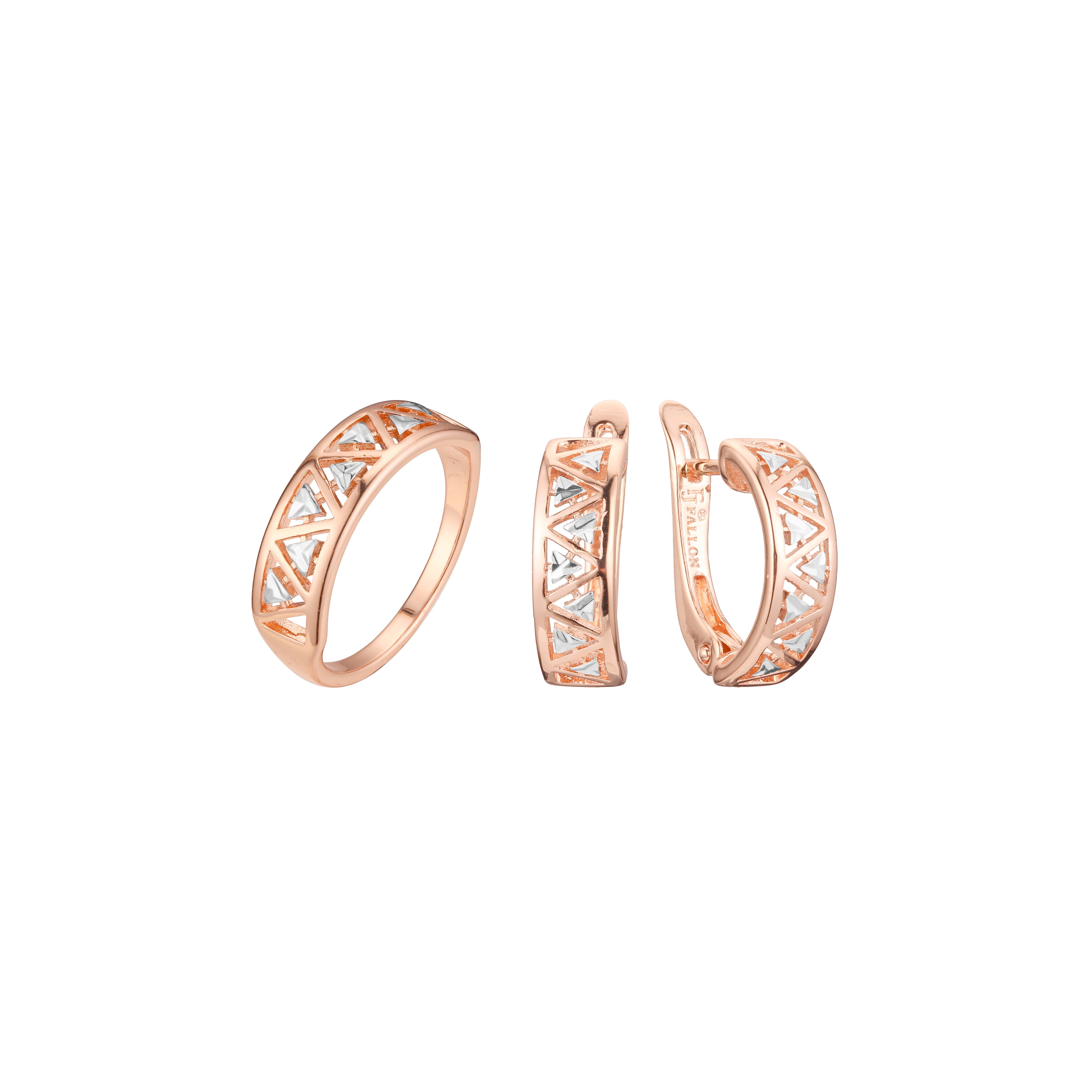 Triángulos geométricos de dos tonos de oro rosa en conjunto de triángulos