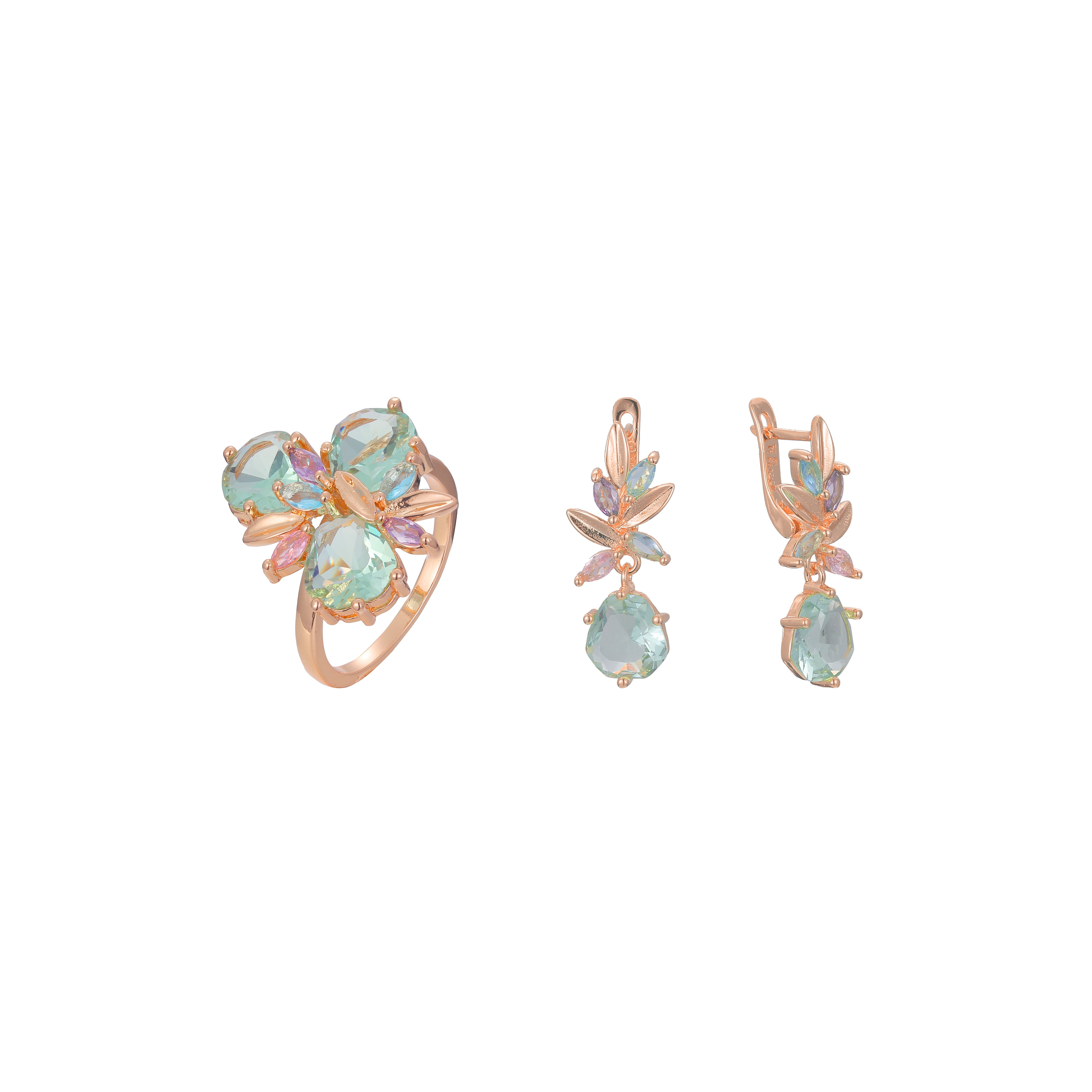 Conjunto de joyas de anillos de oro rosa CZ de colores mezclados de verde manzana de racimo lujoso