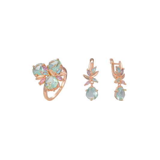 Conjunto de joyas de anillos de oro rosa CZ de colores mezclados de verde manzana de racimo lujoso