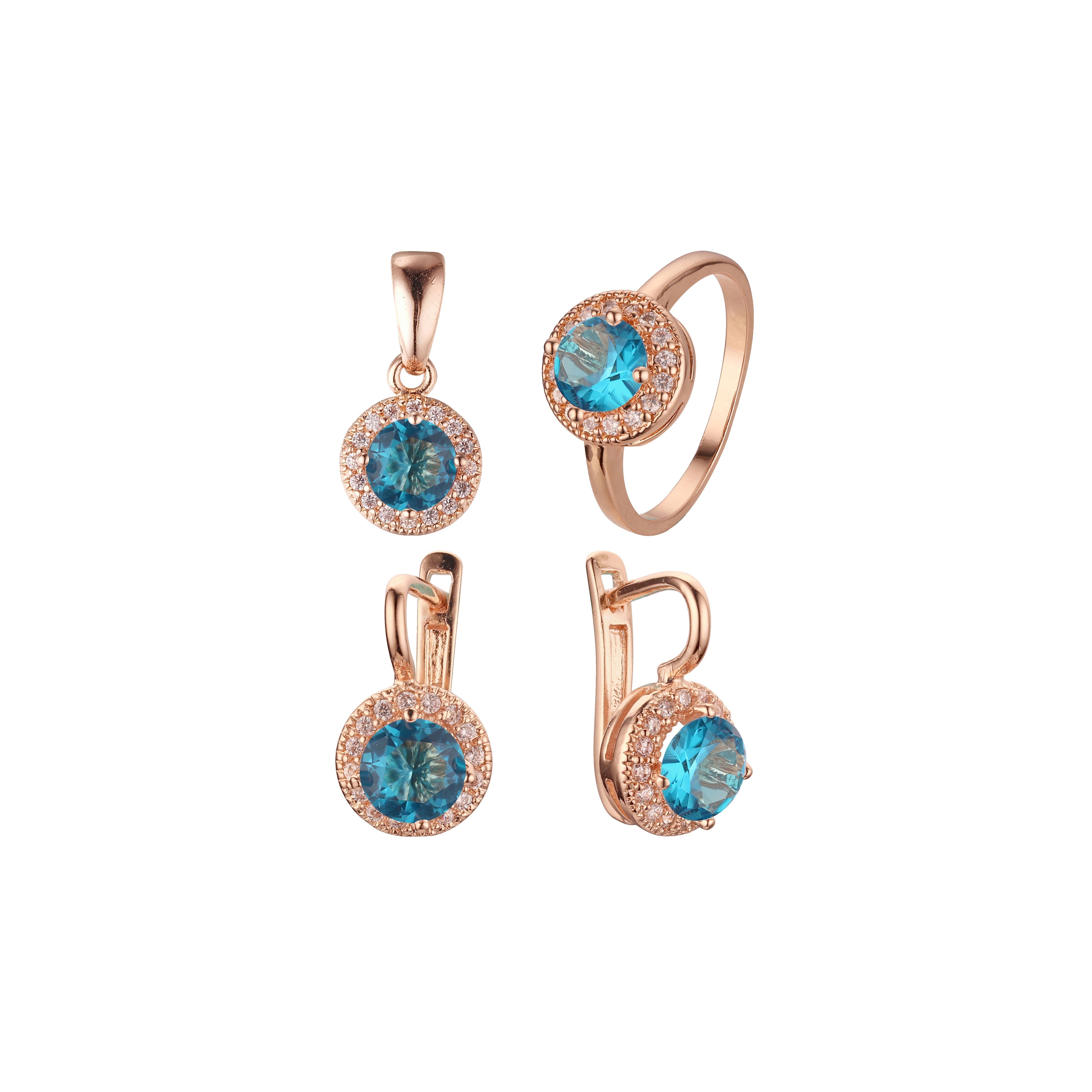 Conjunto de joyería con anillos y colgante chapados en oro de 14 quilates con halo de circonita cúbica de gran tamaño y forma redonda y colorida.