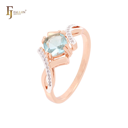 Anillos de oro rosa con circonita azul lago y cojín solitario