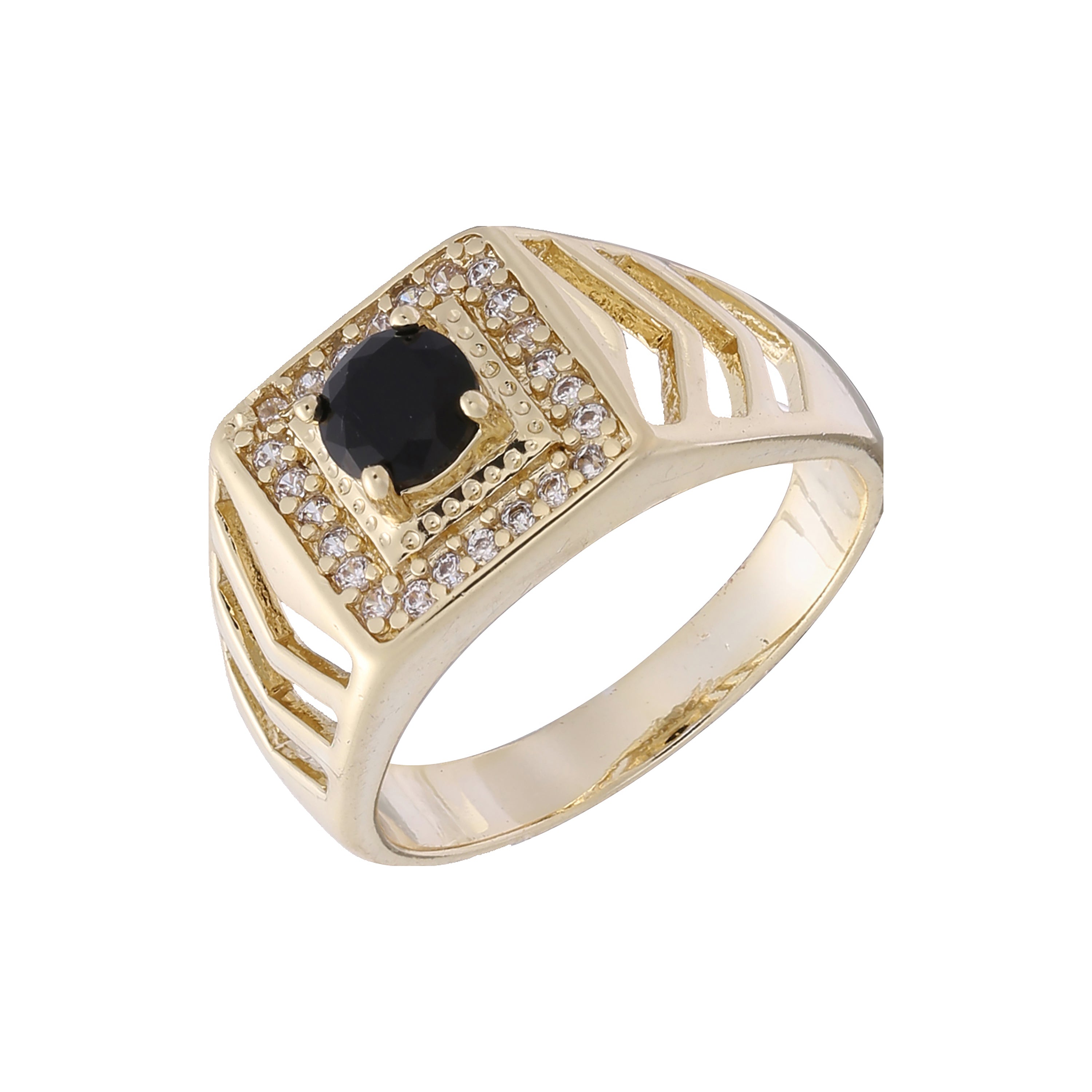 Anel masculino com halo de sinete em zircônias cúbicas brancas e zircônias cúbicas pretas em ouro 14K e ouro rosa