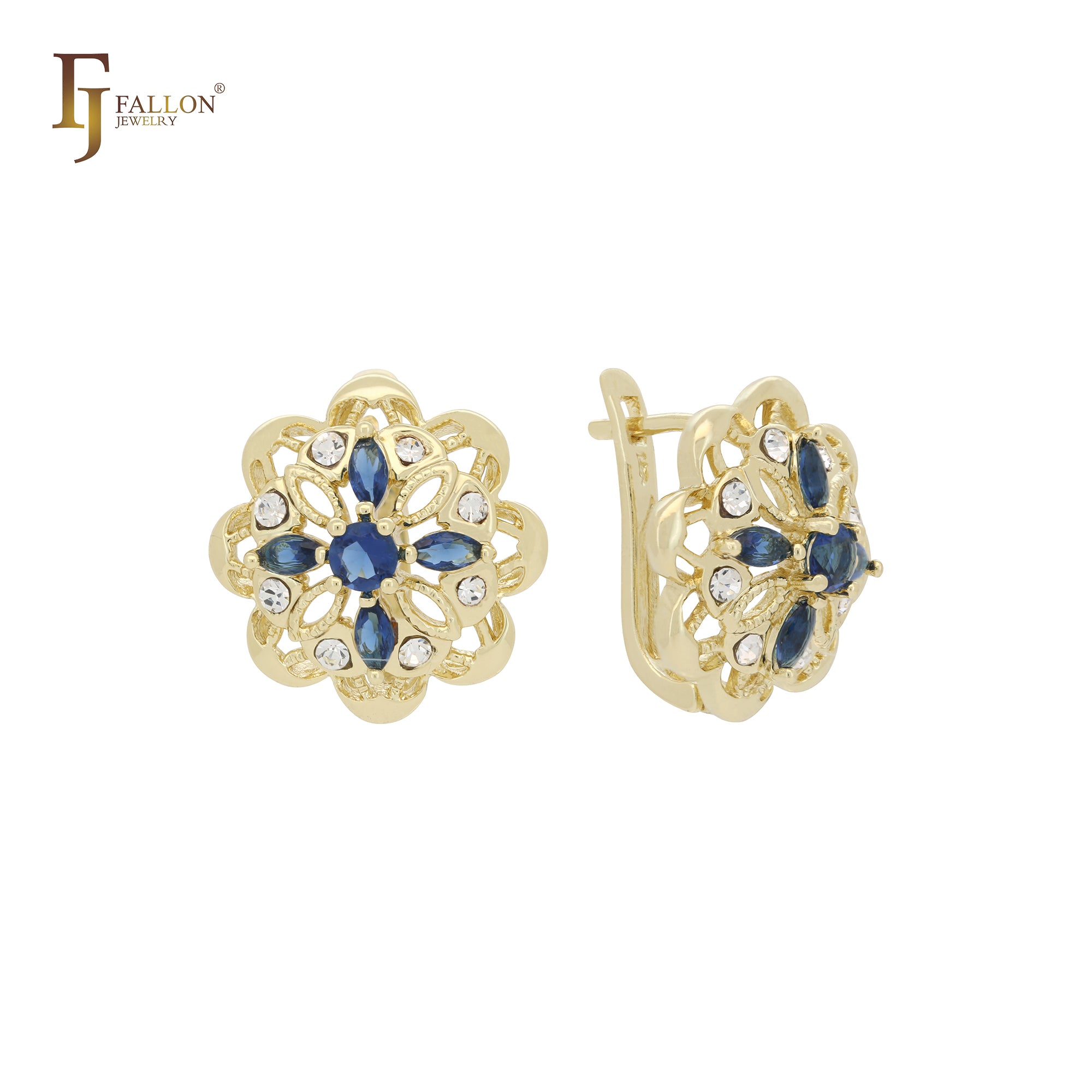 Серьги Cluster Flower из белого и синего золота с цирконами 14 карат